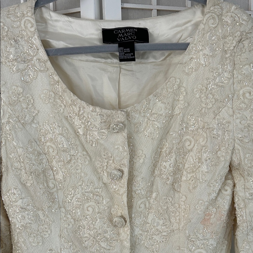 Carmen Marc Valvo Vintage Creamy White/ Ivory Beaded  Alencon Lace Jacket